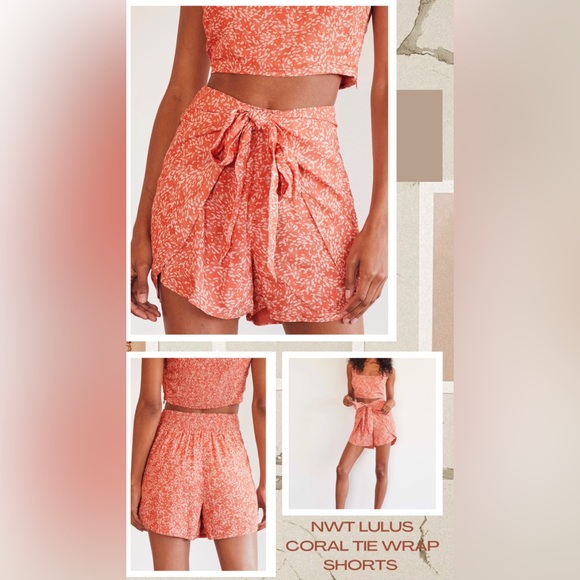 LULUS CORAL PRINT TIE -FRONT SHORTS - Picture 2 of 8